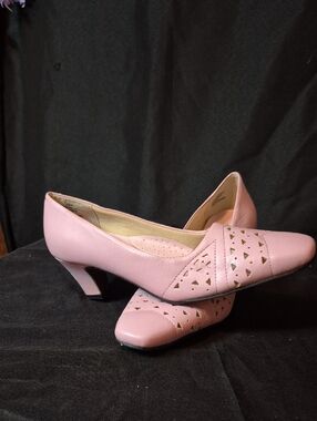 Beacon Pink Low Block Heel Pumps with Cutout Detail